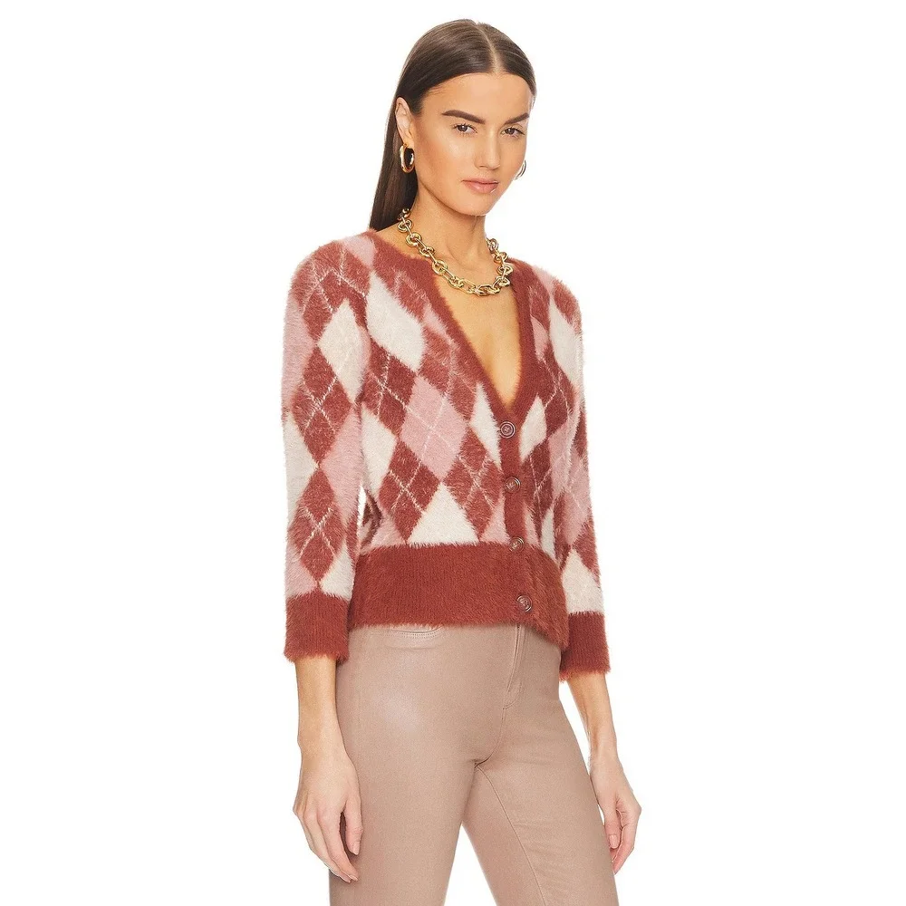 NWT L'AGENCE Saylor Cardigan Sz XXS Red Pink Argyle Fuzzy Eyelash Knit Chic Sexy